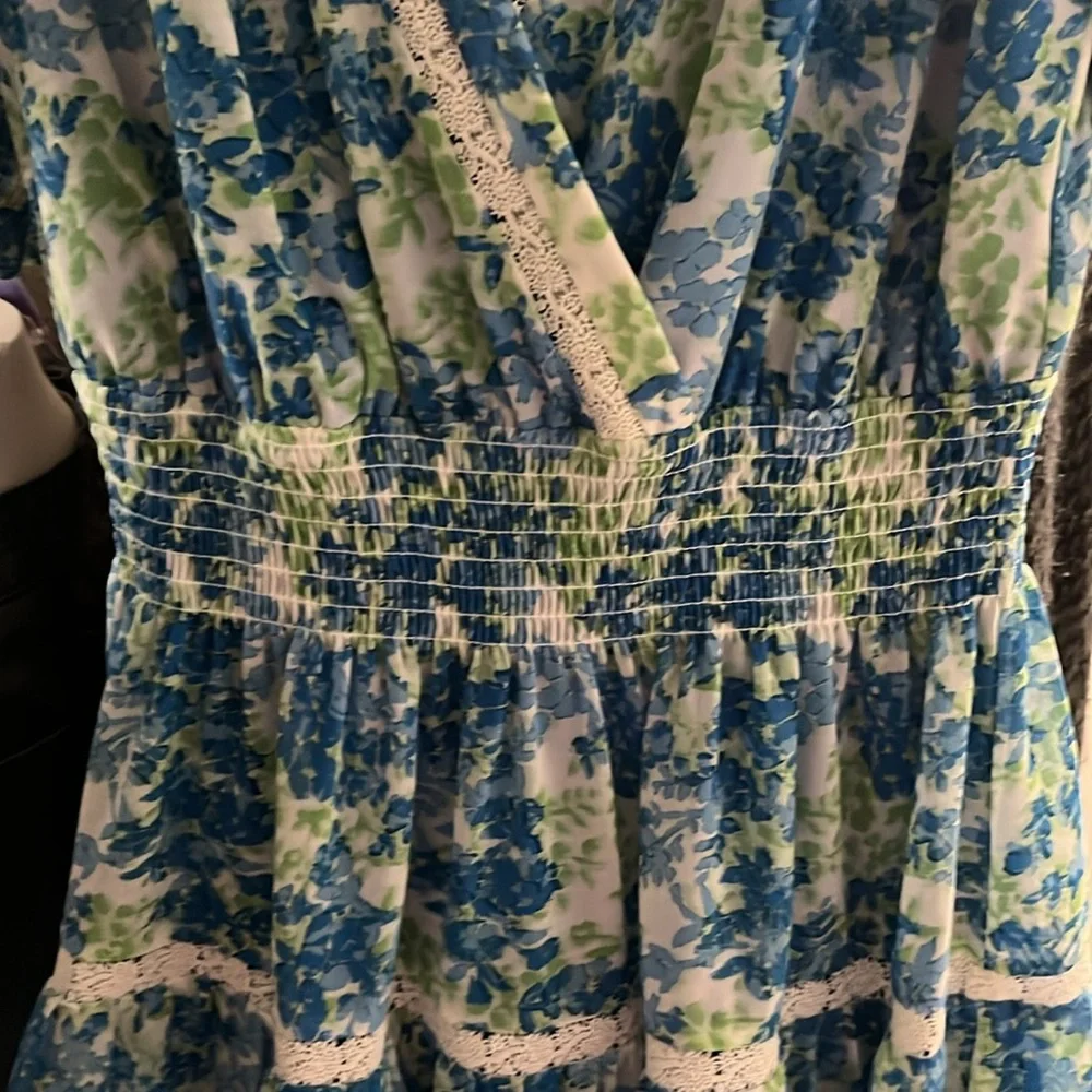 Taylor Blue Wrap Sundress with Puff Sleeves - Picture 3 of 5